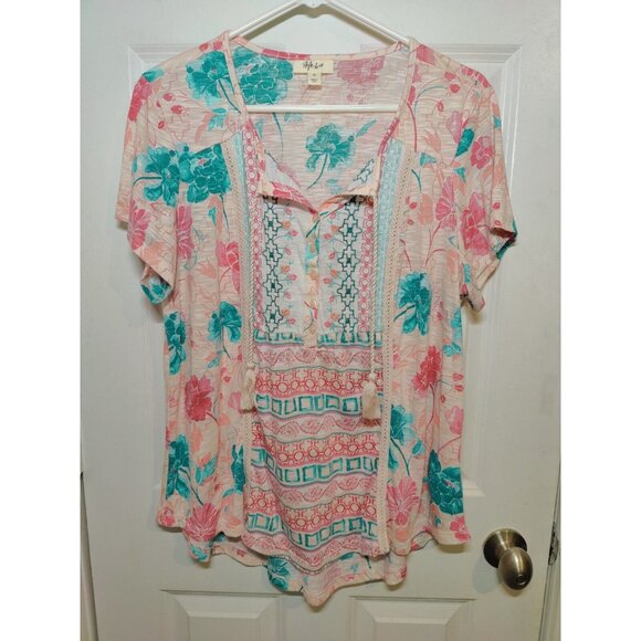 Style & Co Pink Green Floral top (SOLD) - Picture 1 of 8